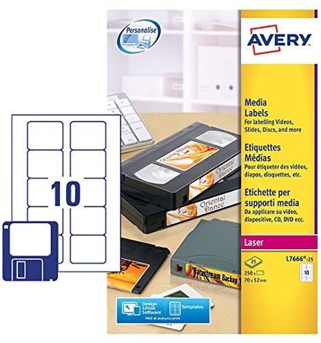 Avery multimediów na 8,89 cm płytach CD/DVD etykiety do drukarki Tusz do drukarki atramentowej 10 Pro arkuszy 70 X 52 MM 250 etykiet L7666-25