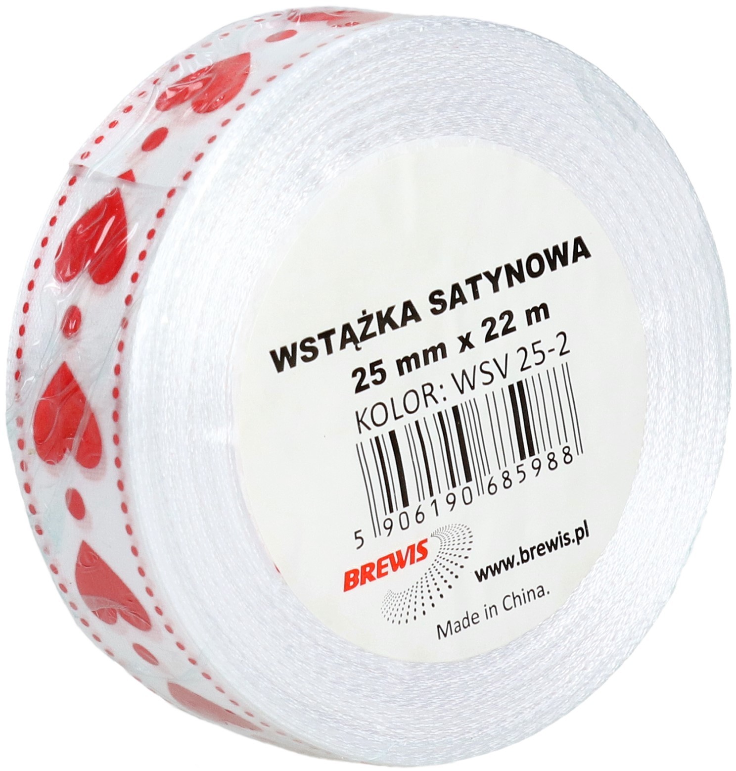 BREWIS Wstążka satynowa 25mmx22m serca biała Brewis 2