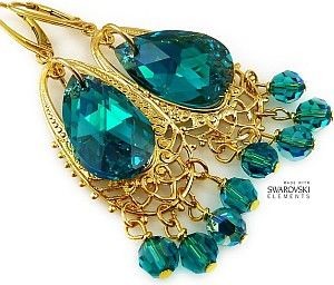 Swarovski Unikat Kolczyki Blue Gold Chandelier