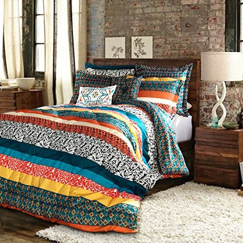 Lush Decor 7 piece Boho Zestaw Stripe Comforter, Full/Queen, turquoise/Tangerine C28995P14-000