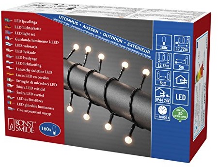 Konstsmide 3695  107 lampa Globe LED łańcuch świetlny z małymi okrągłe białych diod zewnętrzny transformator/na zewnątrz (IP44)/VDE/24 V/160 Warm diod/czarny przewód 3695-107