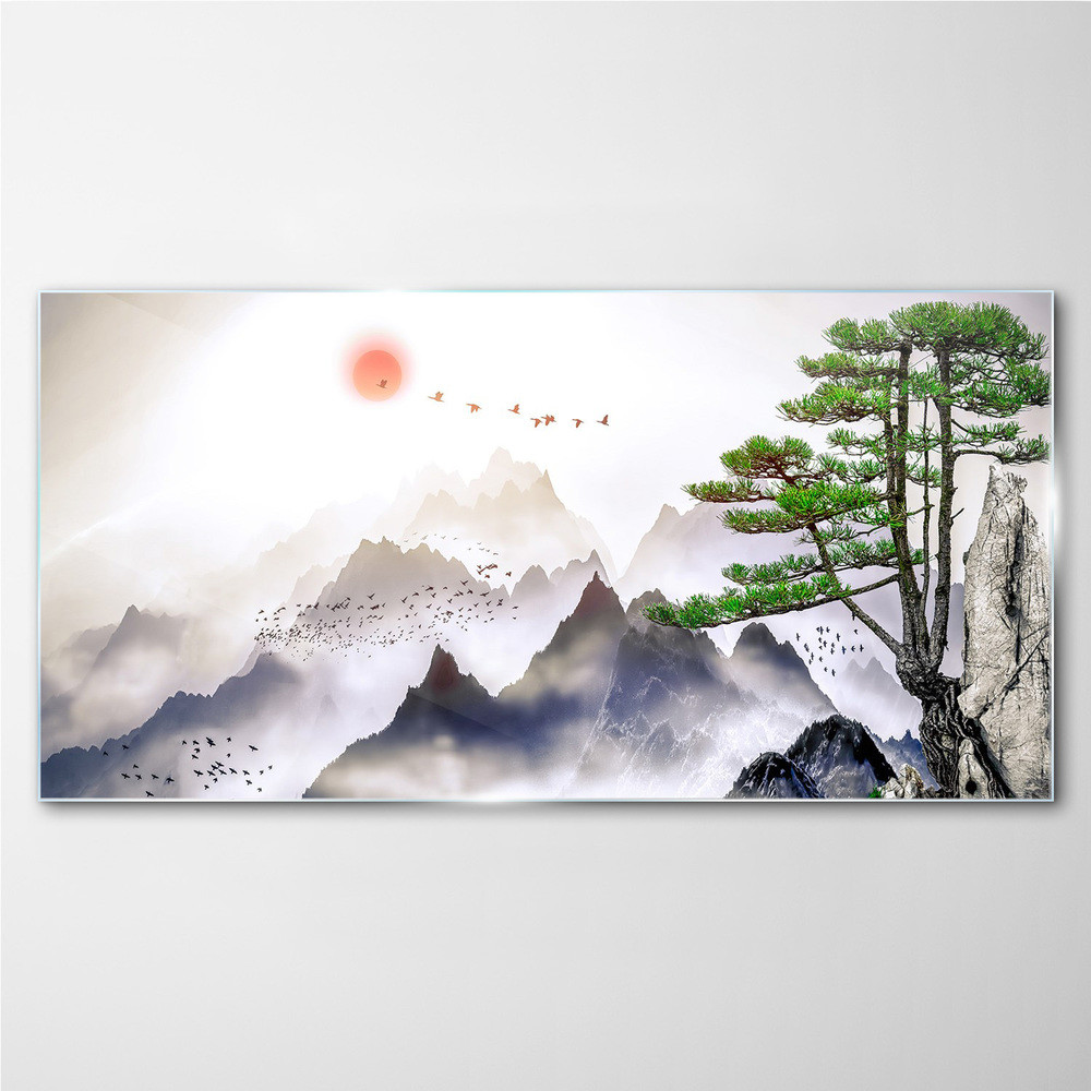 PL Coloray Obraz Szklany Góry Mgła Słońce Drzewo 100x50cm