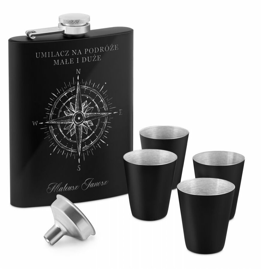 Murrano Piersiówka czarna z 4 kieliszkami i grawerem dla podróżnika PIER-BK-026