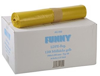 Funny Regeneracyjne włókna LDPE worki na śmieci, żółty, zwinięty, 120 L, typ 60, 1er Pack (1 X 250 sztuk) AG-883