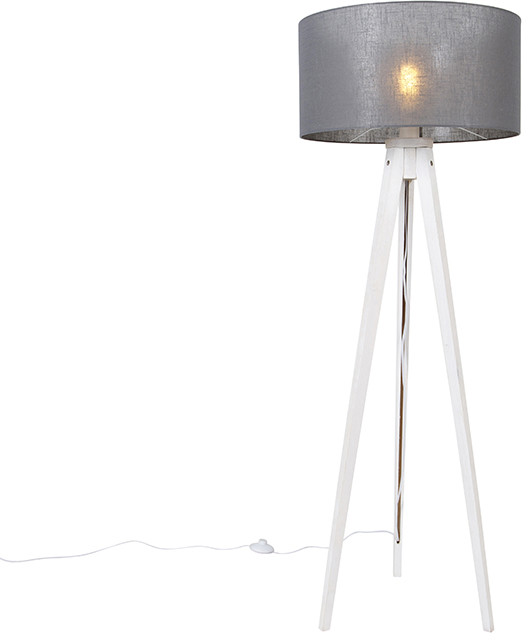 QAZQA Nowoczesna lampa podłogowa statyw biały z szarym kloszem 50 cm - Tripod Classic
