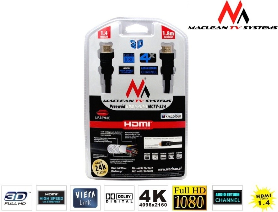 Maclean Kabel HDMI-HDMI 1.4 1,8 m Kabel HDMI Złoty Ethernet Blister 5901549689525