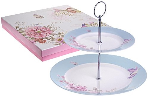 London Boutique Etażerka/stojak na ciasto, 2 półek, porcelana, wzór: ptak, róży i motyl, w eleganckim pudełku na prezent