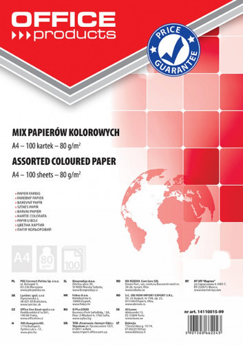 OFFICE PRODUCTS Papier kolorowy OFFICE PRODUCTS A4 100 arkuszy 80gsm mix kolorów