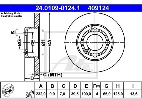 ATE TARCZA HAM 24.0109-0124.1 SEAT IBIZA IV 1.4 16V 02-/ VW LUPO 1.4 16V 99-05, 1.4FSI 01-05, 1.6GTI 00-05  24.0109-0124.1