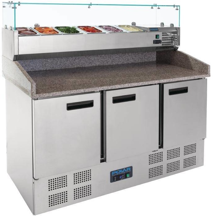 Polar Refrigeration Stół chłodniczy do pizzy z nadstawą 3-drzwiowy| 368L | 6xGN 1/4 | 2°C do 8°C | 1440x700x(H)1445mm G623