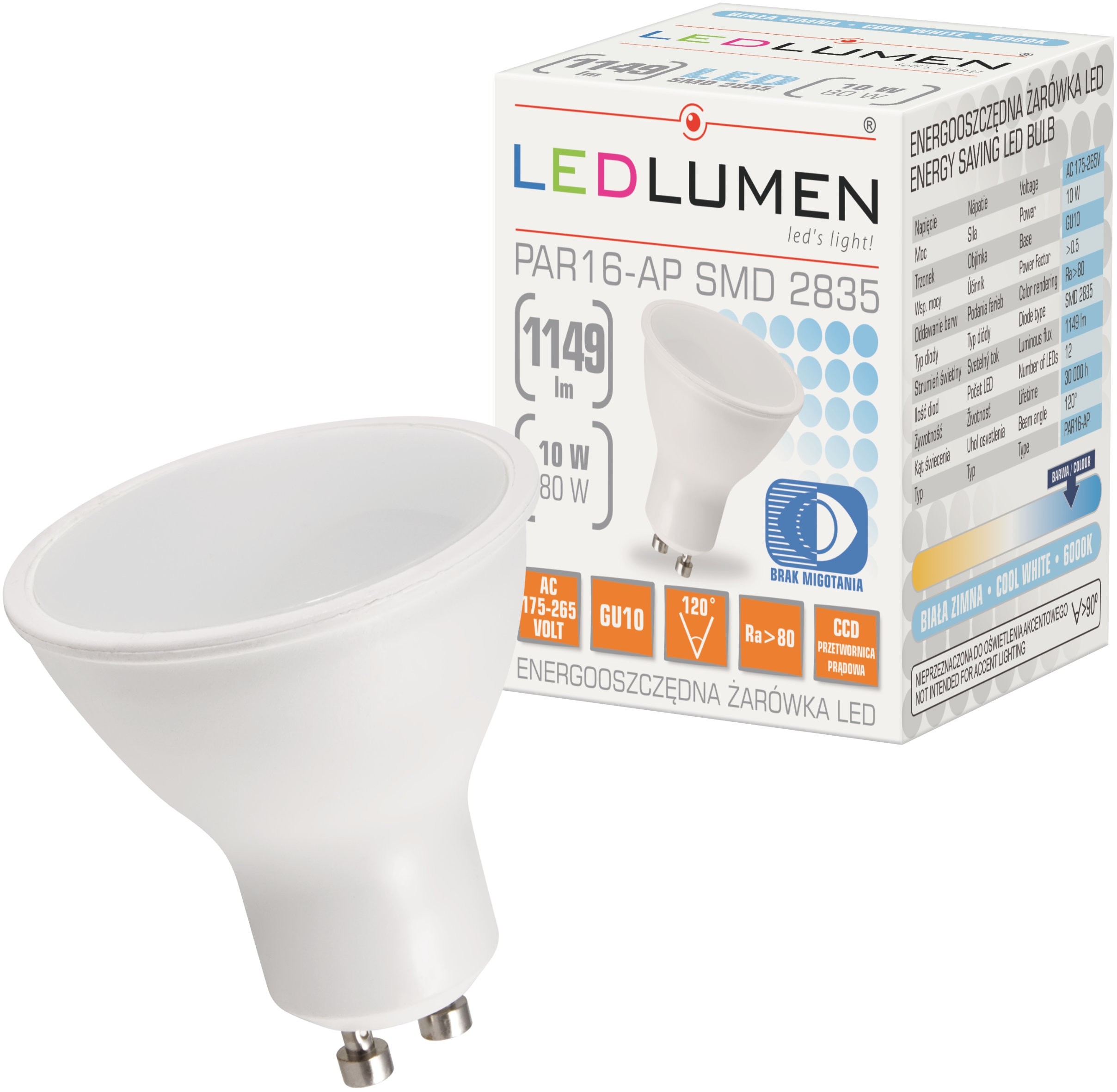 LEDlumen Żarówka LED PAR16-AP GU10 10W 2835 LED CCD biała zimna 251090421