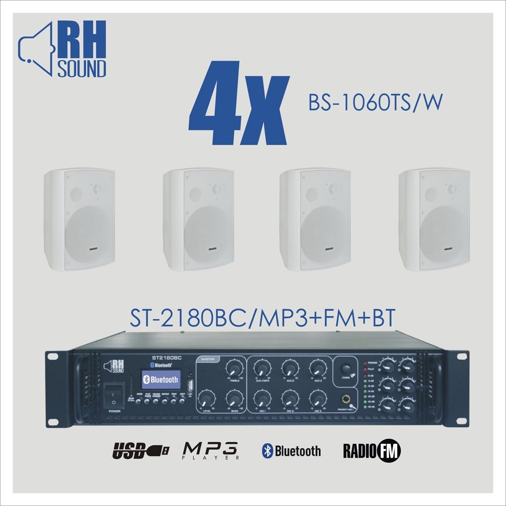 RH Sound ST-2180BC/MP3+FM+BT + 4x BS-1060TS/W - nagłośnienie naścienne