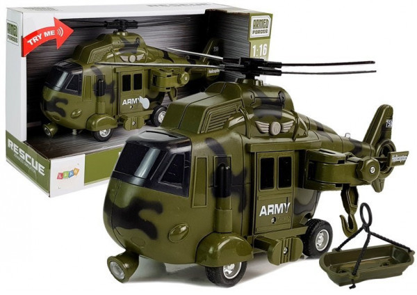 LEANToys Helikopter Wojskowy Ratunkowy 1:16 Hak Dźwięk Światła 7386