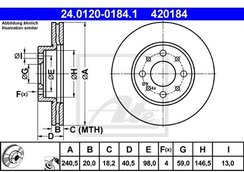 ATE TARCZA HAM 24.0120-0184.1 FIAT 500 1.3D MJ 07-, PANDA 1.2 4X4 04-, 1.3JTD 03-  24.0120-0184.1