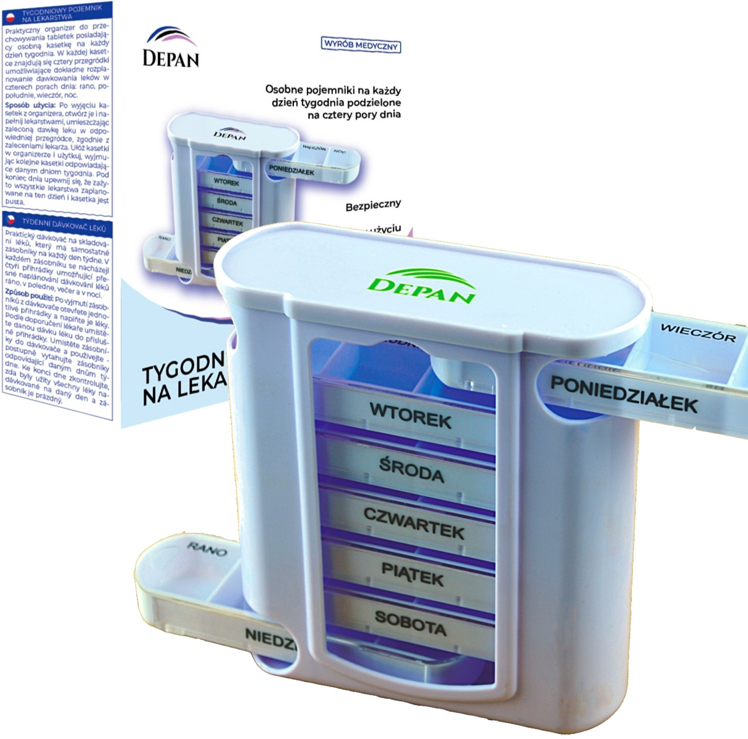 Medyczny tygodniowy pojemnik na lekarstwa kasetka na leki z podziałem na 4 pory dnia DEPAN PCPL033