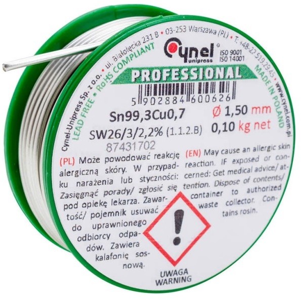Cynel Spoiwo lutownicze bezołowiowe 1 5 mm 100 g CU1-SW26-15100