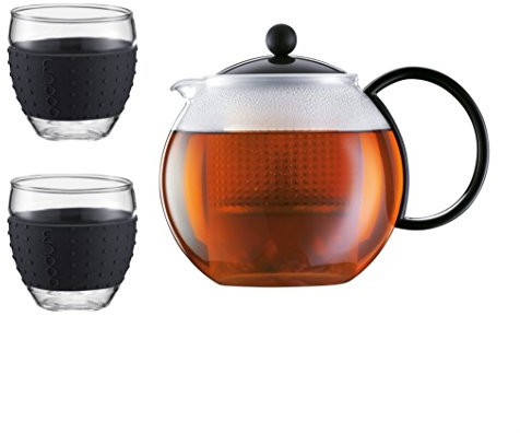 Bodum Assam zestaw słoików dzbanek do herbaty z 2 35 CL z paskiem z silikonu, szkło, czarna, CM, 24 x 20 x 16.5 cm, 3 jednostek K1844-01-2