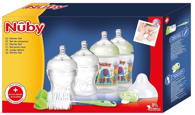 Nuby Zielony zestaw: Butelki 2x 150ml, 2x 270ml; Smoczek; Szczotka do mycia butelek IDVP56