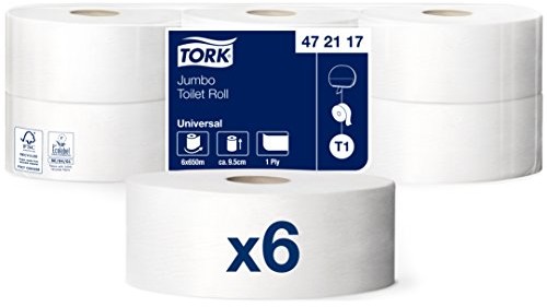 Tork 472117 papier toaletowy Jumbo do uniwersalnych wysokiej jakości, która zapewnia Tork T1 Jumbo uchwyt na papier toaletowy system/uchwyt na papier toaletowy 1-warstwowe w kolorze białym, 6 X   arku 472117