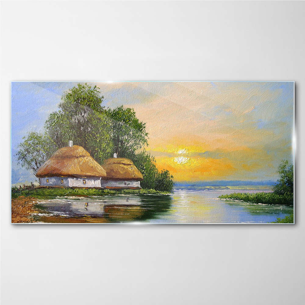 PL Coloray Obraz na Szkle malarstwo wieś chata 100x50cm