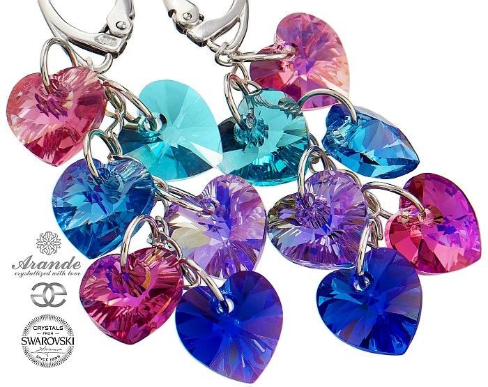 Swarovski piękne długie kolczyki SERCA SREBRO ROSE PEACOCK