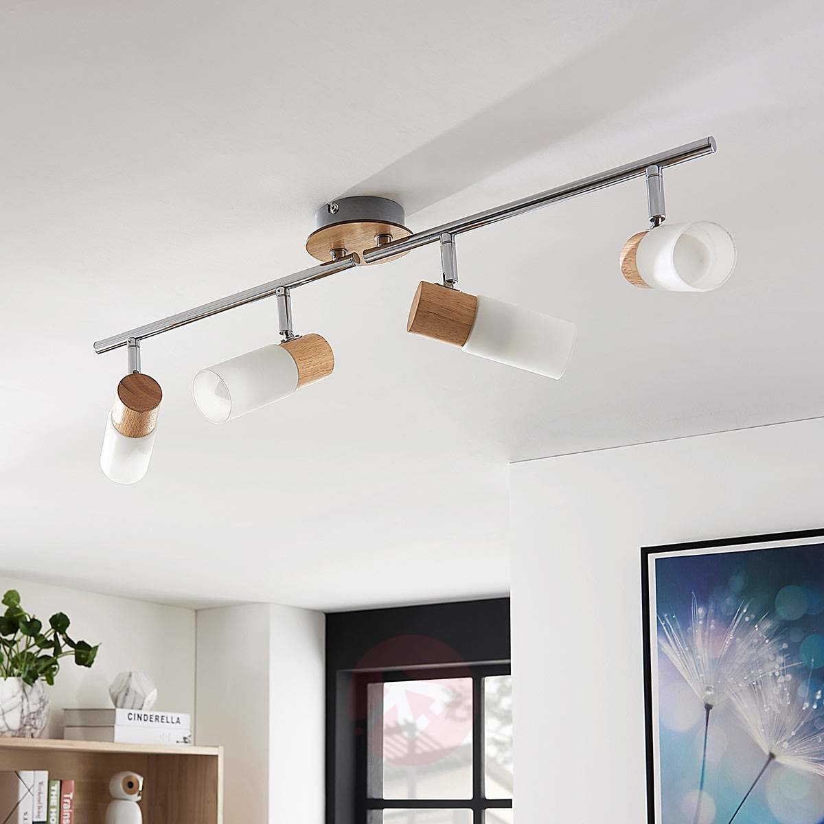 Lampenwelt COM 4-punktowa lampa sufitowa LED Krzysztof, drewno