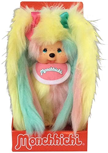 Sekiguchi Sekiguchi 234240 234240 Oryginalna Monchhichi dziewczyna z śliniaczkami, figurka z 6 warkoczami w kolorowych kolorach i kokardkach we włosach, przytulanka z pluszu, ok. duża, wielokolorowa, 20 cm 234240