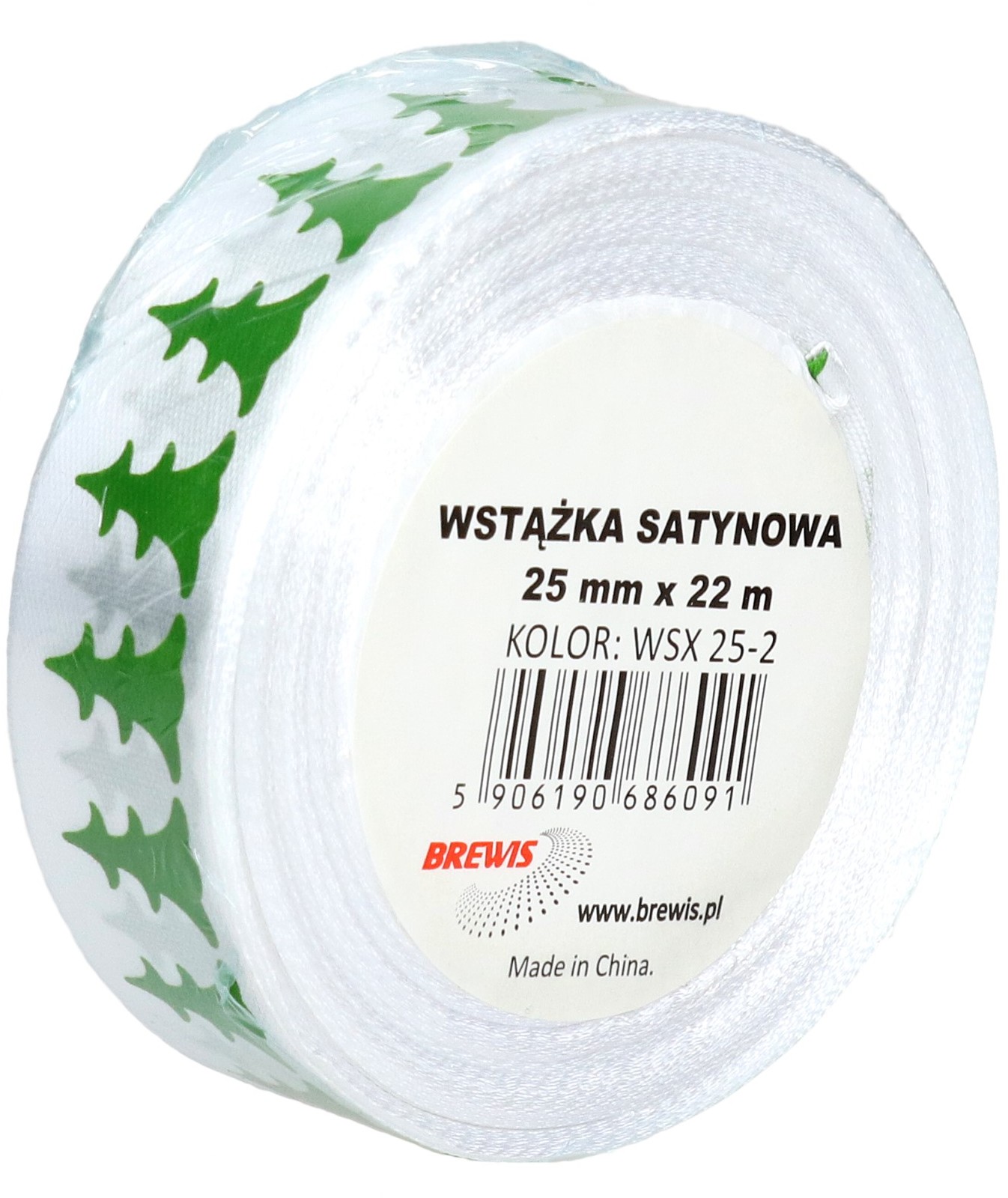 BREWIS Wstążka satynowa 25mmx22m choinki zielono/białe Brewis