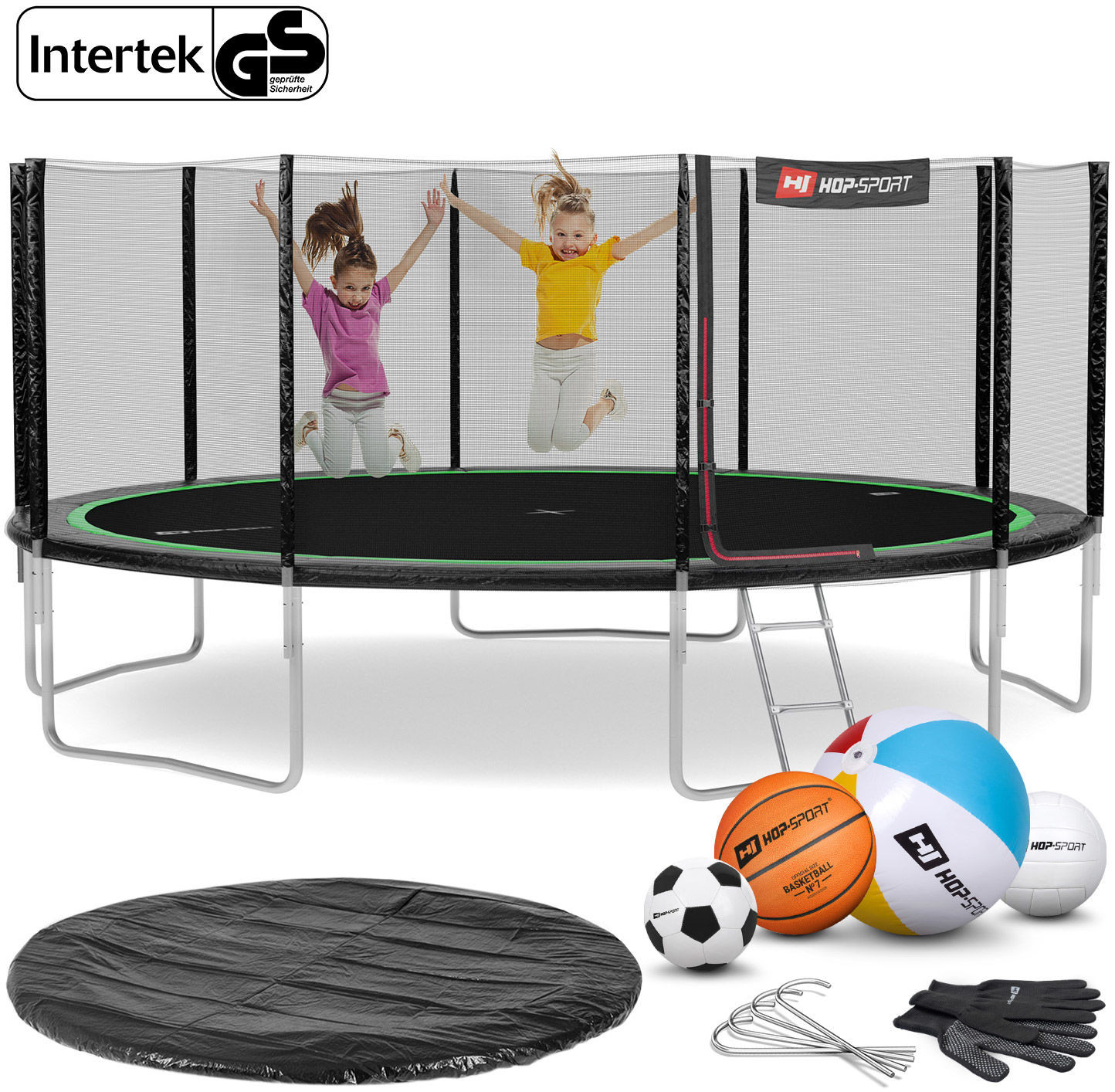 Hop-Sport Trampolina 16ft (488cm) czarno-zielona z siatką zewnętrzną 48918