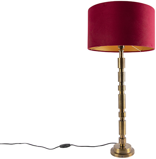 QAZQA Lampa stołowa art deco brąz klosz welurowy czerwony 35cm - Torre