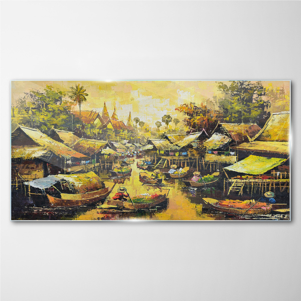 PL Coloray Obraz Szklany łodzie wioska drzewa niebo 140x70cm