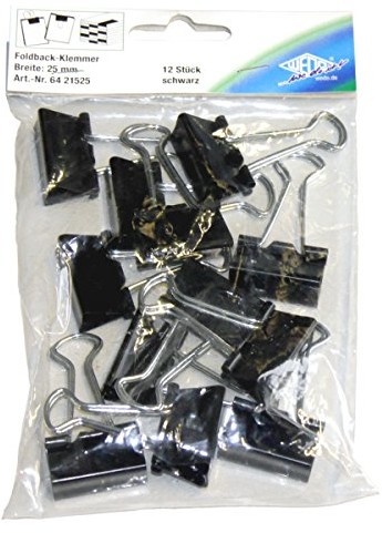 Wedo 6421525 FoldBack Clip, 12 sztuk w woreczku, lakierowana na czarno metalowa zdejmowane prasowania, mocne, sprężyna, 25 MM, czarny/srebrny 6421525