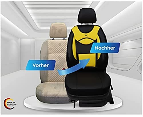 BREMER SITZBEZÜGE Pokrowce na siedzenia ze sztucznej skóry do foteli samochodowych, kompatybilne z BMW 5 G30 & G31 2017 kierowcy i pasażera, pokrowce na siedzenia FB:D105 (czarne/żółte) 4251671647551