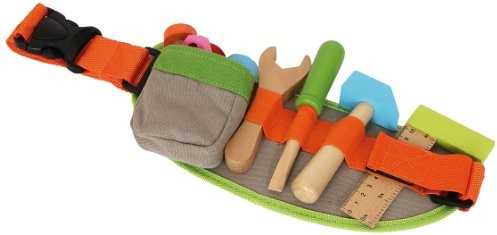 Small Foot by Legler Regulowany pasek narzędziowy z kolorowymi narzędziami do zabawy / akcesoria z drewna (linijka, śrubokręt, młotek, klucz widełkowy, śruby i nakrętki), zabawka drewniana od 3 lat