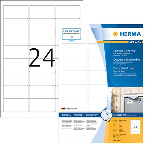 Herma HERMA 9537 odporne na wpływy atmosferyczne Outdoor folia samoprzylepna folia (63, 5 X 33, 9 MM do DIN A4 Biały matowy) 960 etykiet na 40 arkuszy, silnie samoprzylepna, do zadrukowania 9537