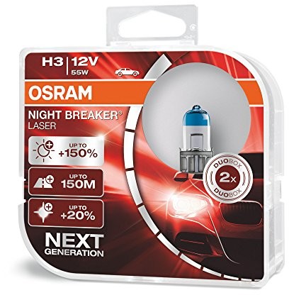 Osram Night Breaker Laser H3 Next generacja, 150% większa jasność, lampa halogenowa, 64151NL-Hcb, 12 V Pkw, Duo Box (2 lampy), zestaw 2 64151NL-HCB
