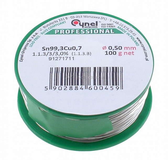 Cyna 050/100CU Cyna bezołowiowa fi0.50 Sn99Cu0.7