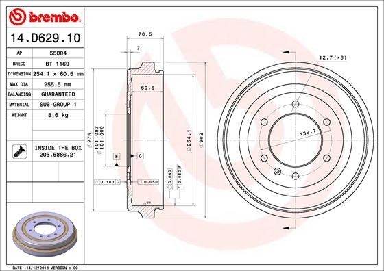 BREMBO Bęben hamulcowy 14.D629.10 14.D629.10
