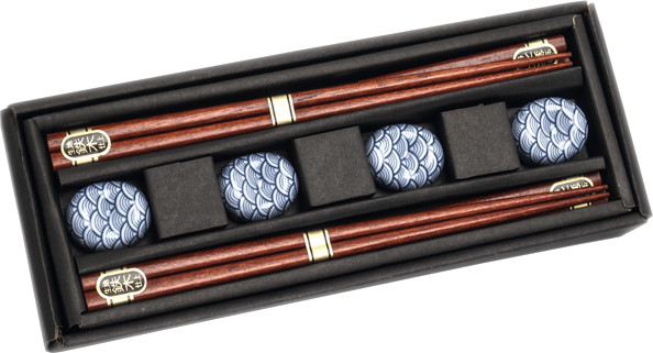Emro Aziatica Zestaw Seigaiha, pałeczki z ciemnego drewna z podstawkami 22,5cm - 4 par 6006220
