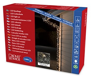 Konstsmide 3649 110 Micro LED łańcuch świetlny, mroźny/na zewnątrz (IP44)/1200 ciepłe białe diody/zewnętrzny transformator 24 V/czarny przewód 3649-110