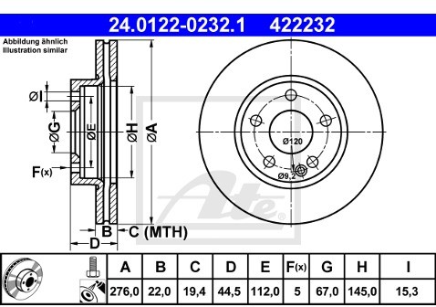 ATE TARCZA HAM 24.0122-0232.1 MERCEDES A160 CDI, A170, A180 CDI, A200 CDI 04-, B150 05-  24.0122-0232.1