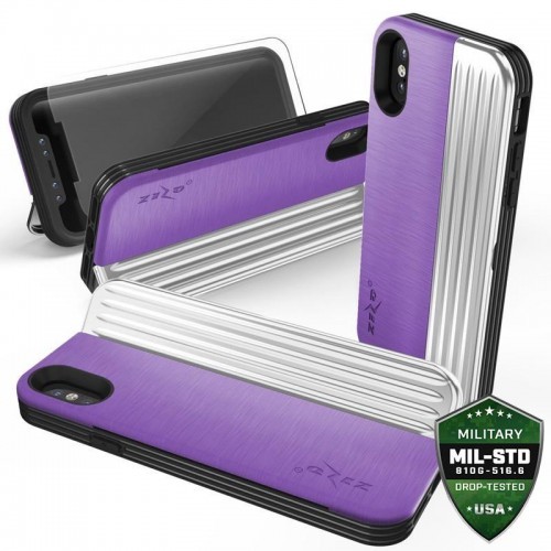 Zizo Retro Series Etui iPhone X z kieszenią na karty + podstawka + szkło 9H na ekran (Purple/Silver) RET-IPH8-PUSL