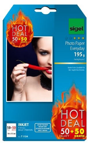 Sigel t1154 działanie inkjet Everyday Photo Paper, 50 + 50 arkuszy gratis, 10 x 15 cm, wysoki połysk, 195 G T1154
