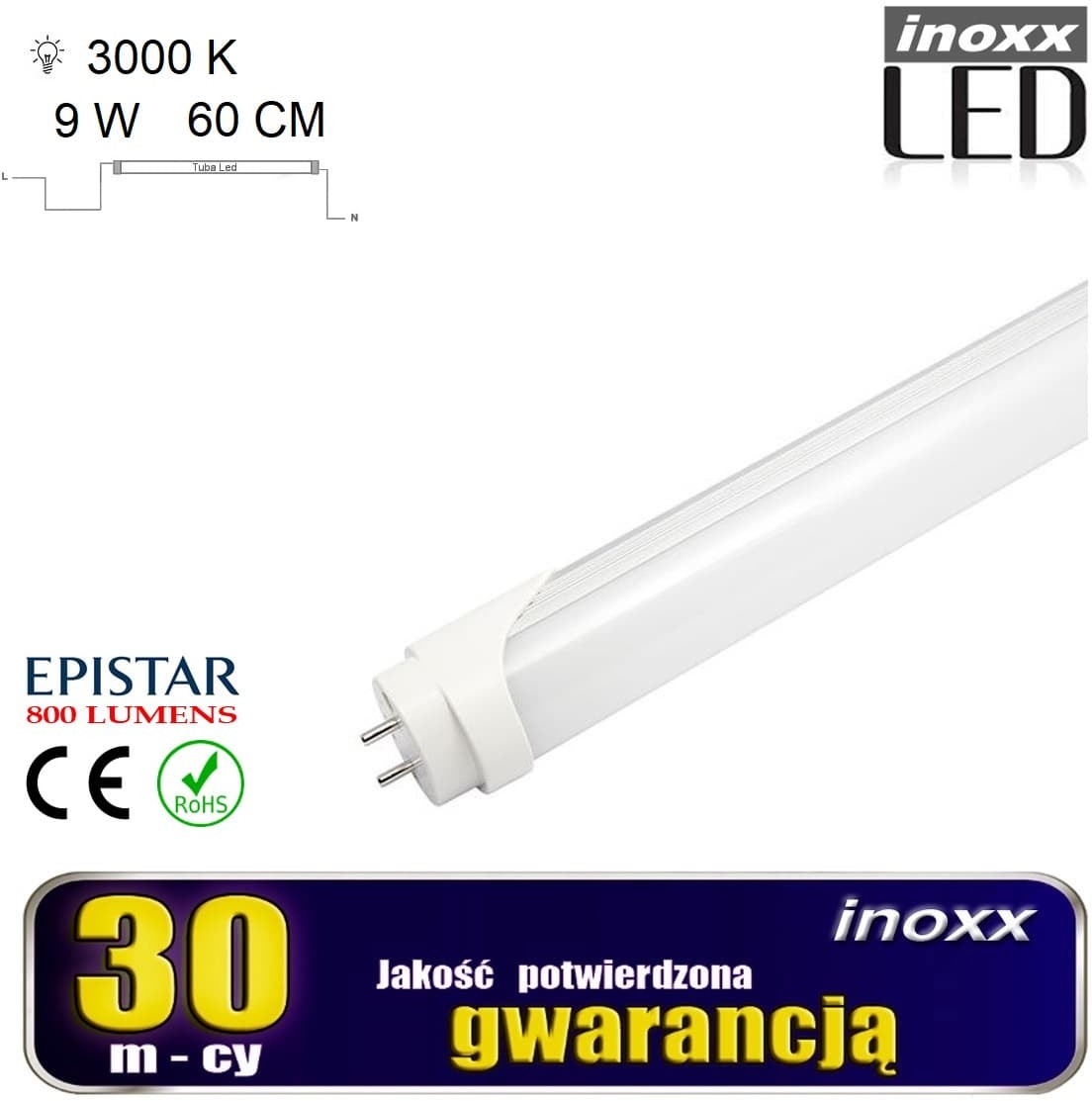 NVOX Świetlówka led 60cm 9w t8 3000k g13 ciepła INOXX 60T8K3000 AL MI FS
