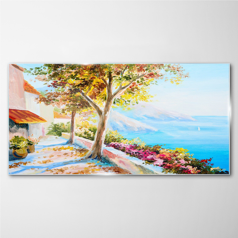 PL Coloray Obraz na Szkle kwiaty drzewa morze niebo 140x70cm