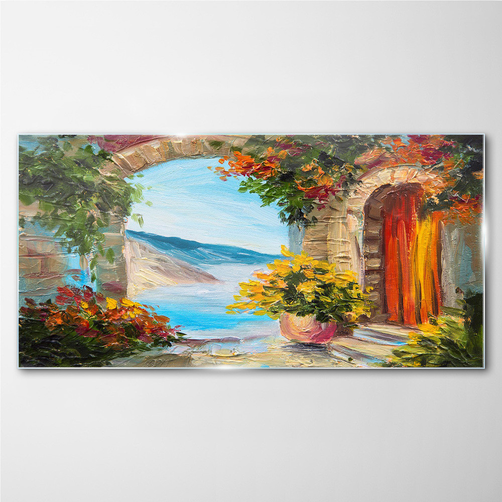 PL Coloray Obraz na Szkle Kwiaty Dom Morze 100x50cm