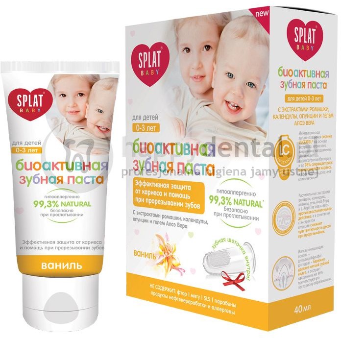 Splat Kosmetica SPLAT BABY (0-3) pasta 40ml (ŻÓŁTA) - bioaktywna pasta do zębów dla dzieci w wieku 0-3 lat o smaku waniliowym + silikonowa szczoteczka