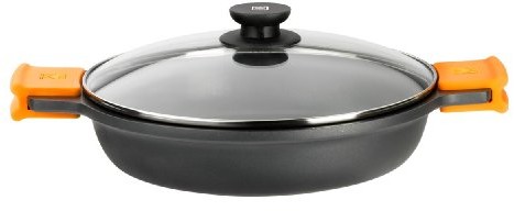 BRA Efficient  niskie garnek z pokrywką szklaną i silikonowe uchwytami, odlew aluminiowy z powłoką nieprzywierającą Teflon, Platinum Plus,, czarny, 30 cm A270530
