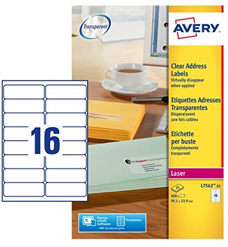 Avery L7562 25 etykiety adresowe 16 Pro arkuszy 99,1 X 33,9 MM 400 sztuk przezroczysty L7562-25