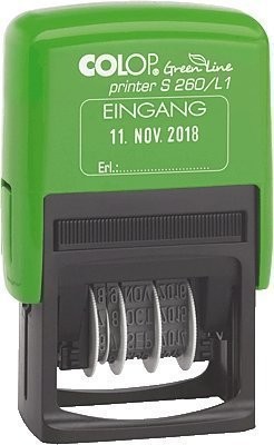 Colop 127787 Printer S260 Green Line, datę w języku niemieckim i tekstu na wejściu dzięki wkładce z linii 127787